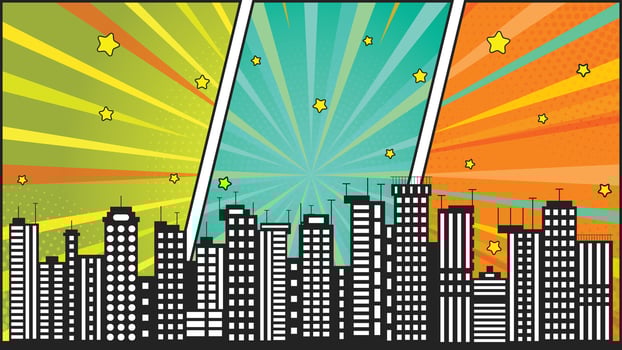 Comic Book Style Cityscape with Yellow Star Icons and Radial Color Backgrounds vector