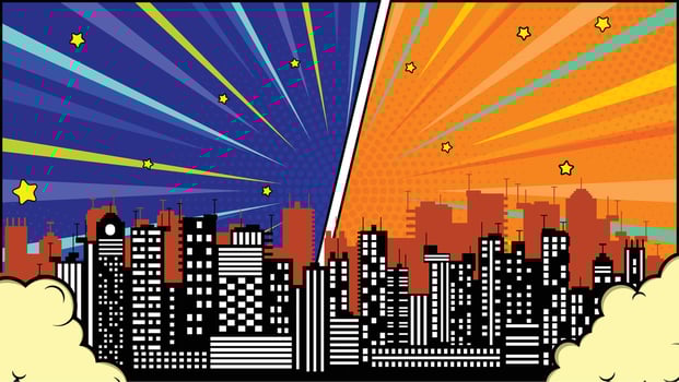 Comic Book Style Cityscape Division with Night and Day in Pop Art vector