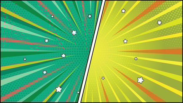 Retro Comic Book Page Divided Teal Yellow with Rays and Star Accents Background vector