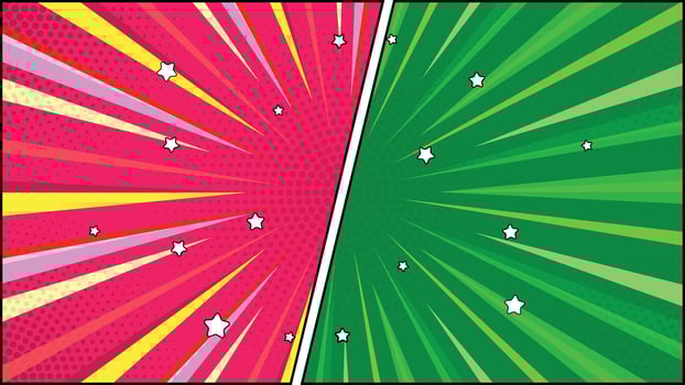 Split Comic Book Panel with Pink and Green Radial Burst and Star Accents vector