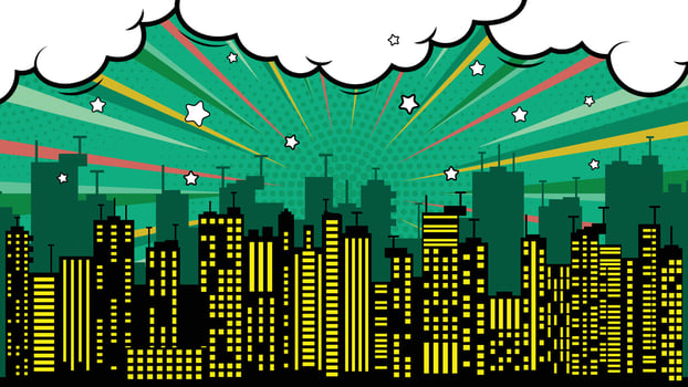Pop Art Comic Style Silhouette Cityscape with Yellow Windows on Green Background vector