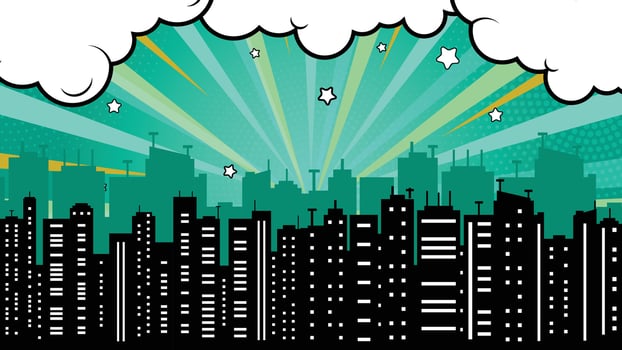Comic Style Cityscape with Skyscrapers, Burst Background, White Clouds, and Star Accents vector