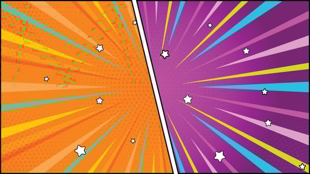 Bright Orange Purple Comic Background with Halftone Dots and Star Accents vector