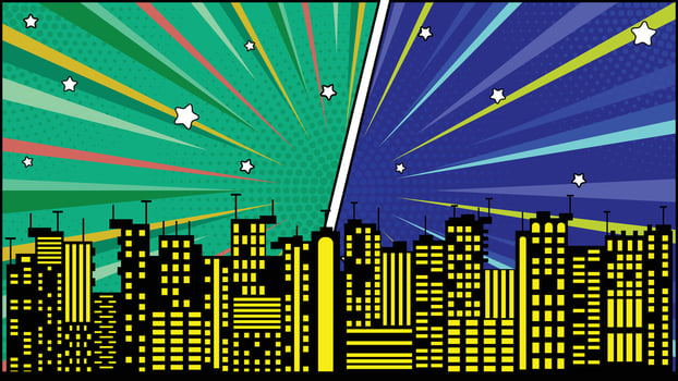 Comic Style Night and Day Cityscape with Buildings, Stars and Colorful Halftone Background vector