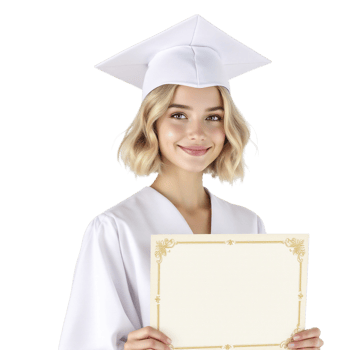 A young woman in a graduation gown holding a blank certificate png