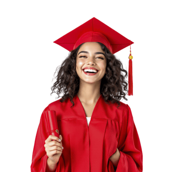 A woman in a red graduation gown holding a scroll png