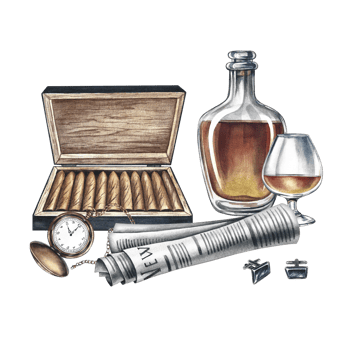 A composition with male attributes. Cognac, newspaper, watches and cigars. Handmade watercolor illustration. Vintage-style color image. For postcards, banners, posters to All Men's Day, Father's Day. png