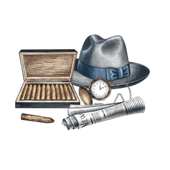 A composition with male attributes. A man's hat, newspaper, watch and cigars. Handmade watercolor illustration. A vintage-style color image. For postcards, banners, for All Men's Day and Father's Day png