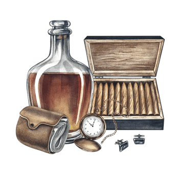 Cognac, expensive cigarettes, a purse full of money and a pocket watch. Handmade watercolor illustration. A vintage-style color image with a men's theme. For banners, flyers and invitations, posters. png