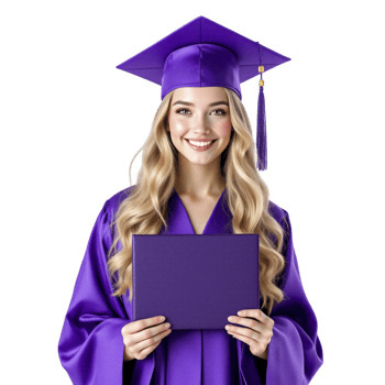 A beautiful young woman in a purple graduation gown holding a blank piece of paper png