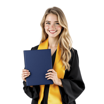 A beautiful young woman in a graduation gown holding a blue folder png