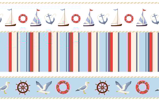 Nautical seamless border. Set of repeat texture with summer symbols, such as sailboats, anchors, lifebuoy and seagulls. Marine endless pattern for design, print, fabric, textile, wrapping paper vector