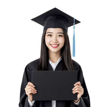 Asian woman in graduation gown holding a blank board png