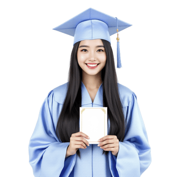 Asian woman in graduation gown holding a blank card png