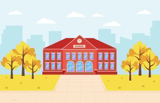 School building, cityscape. Back to school. School with autumn landscape. vector
