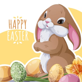 Happy Easter Square Card with Cute Bunny and Colorful Eggs. Adorable Easter Design. Perfect for Greetings, Social Media, Banners, and Festive Promotions. Celebrate Spring and Joy vector
