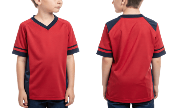 vibrant soccer jersey mockup designed for kids showcases stylish red color with contrasting details, perfect for young athletes png