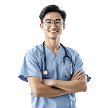 A male doctor in a blue scrub suit png