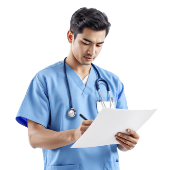 A male doctor in scrubs holding a clipboard png