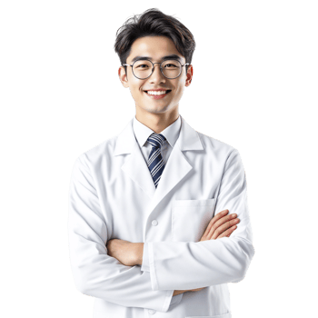 A young man in a white lab coat and tie png