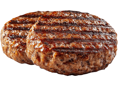 Two grilled hamburger patties closeup isolated on transparent background png