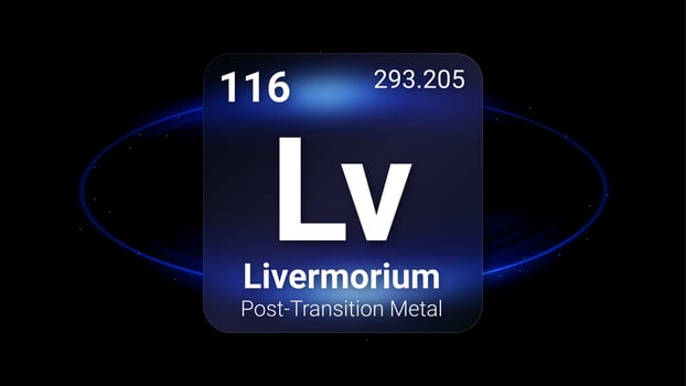 Livermorium Post Transition Metal, Glass Morphism Element Futuristic Neon Light Glow Background Periodic Table, Chemical Symbol, Name, Atomic Mass, Atomic Number, Illustration vector