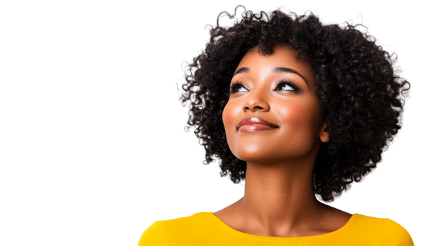 Beautiful woman with natural hair looking up and smiling, cut out transparent png