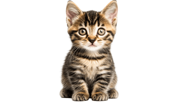 Adorable brown striped tabby kitten with green eyes, cut out transparent png