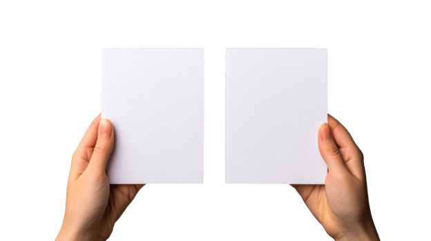 Two hands holding two blank white cards on black background, cut out transparent png