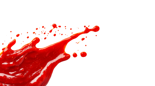 Vivid tomato sauce burst against black background, cut out transparent png