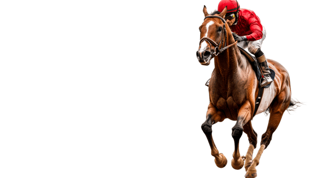 Horse race with jockey, brown horse, red helmet, fast, cut out transparent png