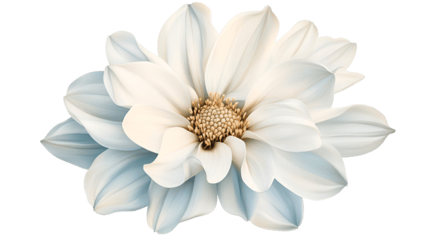 Delicate white dahlia, detailed petals, intricate center, isolated, cut out transparent png
