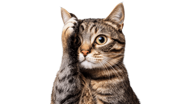 Pensive tabby cat with raised paw on black background, cut out transparent png