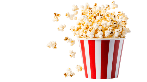 Popcorn bucket on black background, theater snack, movie treat, cut out transparent png