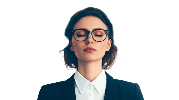 Woman in glasses, eyes closed, relaxation, suit, portrait, cut out transparent png