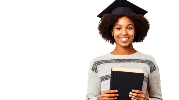 Graduate girl with book looking at camera and smiling, cut out transparent png