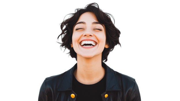 Young woman joyfully laughing with closed eyes, black jacket, cut out transparent png