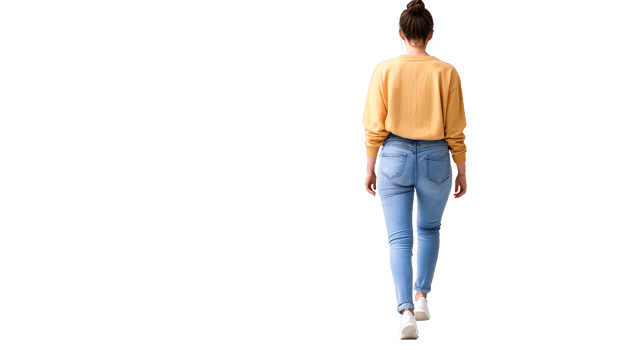 Back view woman walking in jeans and sweater, cut out transparent png