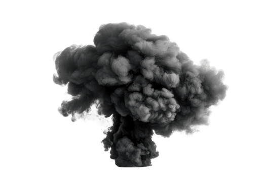 Billowing dark smoke cloud rising upwards on black background, cut out transparent png