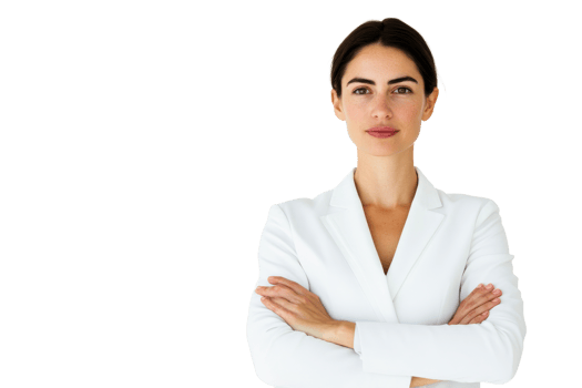 Serious businesswoman in white suit with arms crossed, cut out transparent png