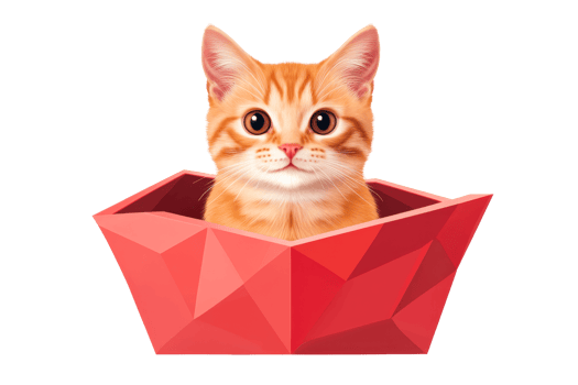 Orange tabby cat in geometric red box with background, cut out transparent png