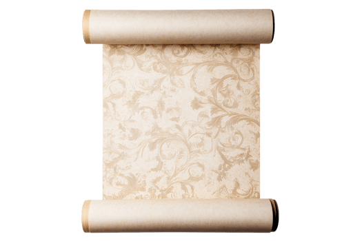 Ancient parchment scroll with ornamental pattern, cut out transparent png