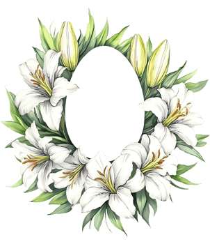 Watercolor Easter Lily flower wreath frame in egg shape on transparent background. Space for text. png