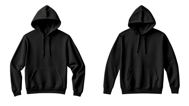 Two simple black hooded sweatshirts mockup for design, cut out transparent png
