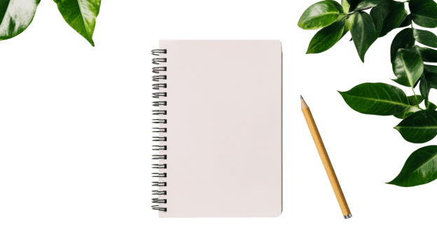Open notebook with pencil and green leaves on black, cut out transparent png
