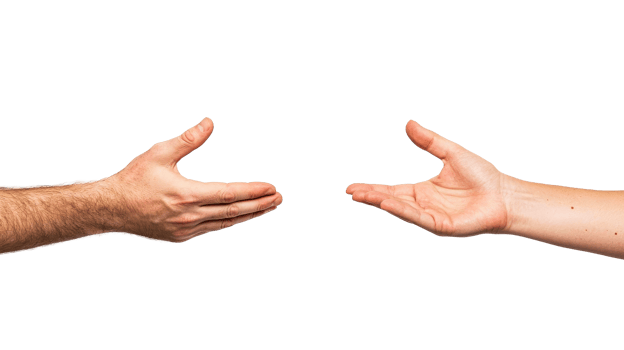 Hands reaching out to each other in anticipation, black background, cut out transparent png