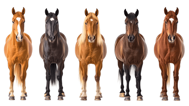 Five horses of different colors stand tall, majestic, cut out transparent png
