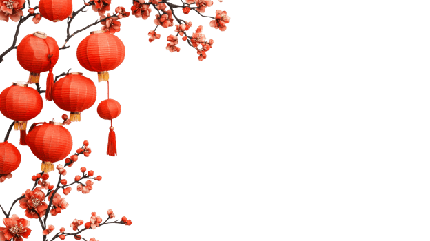 Asian lanterns with blossom, festive oriental decoration, cut out transparent png
