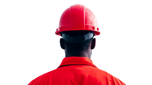 Worker wearing red hard hat, safety glasses, and jacket, cut out transparent png