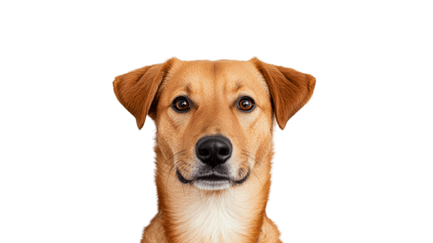 Charming dog portrait with warm eyes and a white chest, cut out transparent png